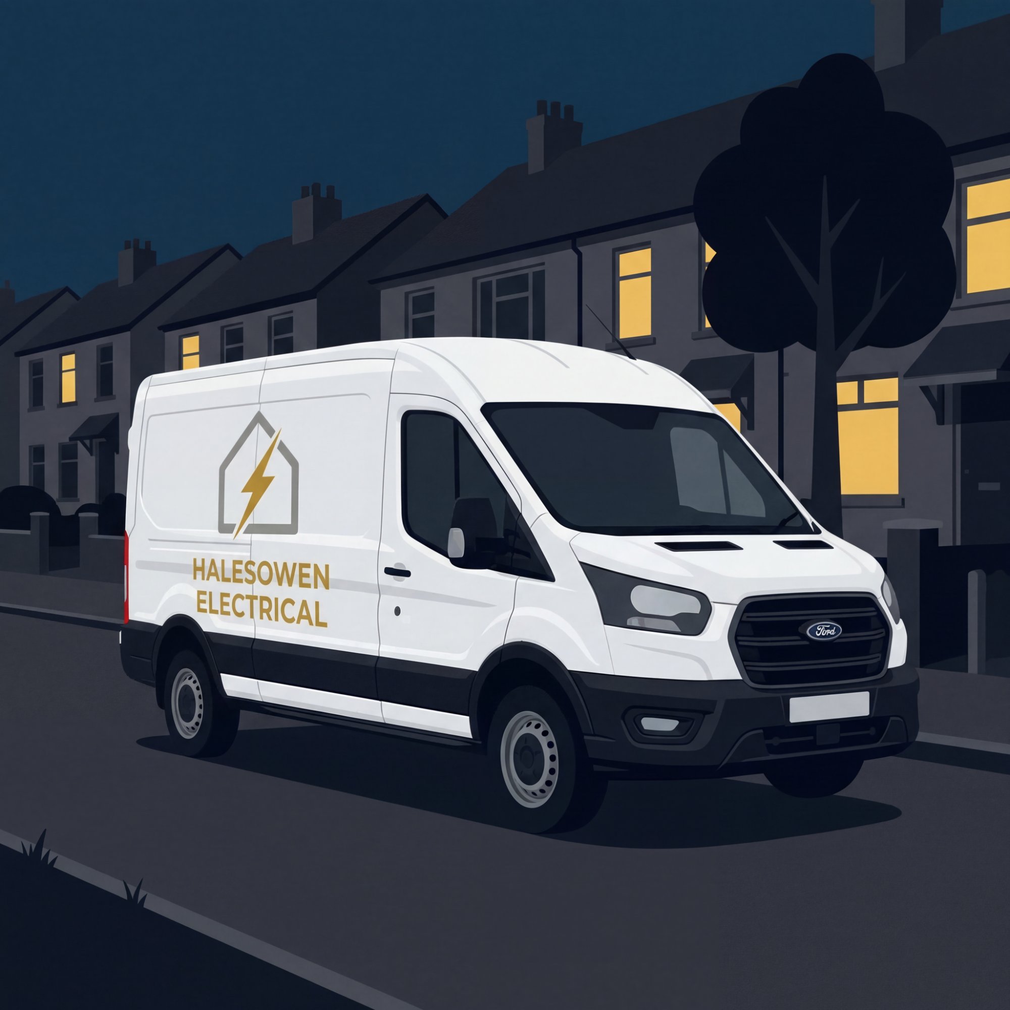 Halesowen Electrical van on a residential street at night